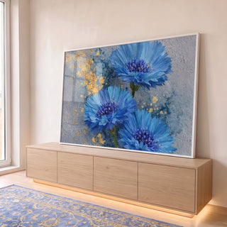Quadro Decorativo Flores Azuis Elegantes em ambiente decorado - quadros decorativos para sala