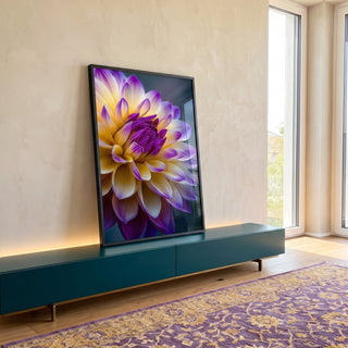 Quadro Decorativo Flor Exuberante Amarelo e Roxo em ambiente decorado - quadros decorativos para sala