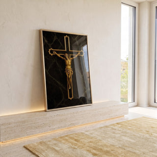 Quadro Decorativo Cristo Dourado em Serenidade em ambiente decorado - quadros decorativos para sala
