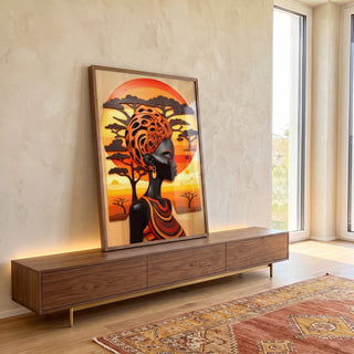 Quadro Decorativo Étnico e Elegante Rainha Africana em ambiente decorado - quadros decorativos para sala