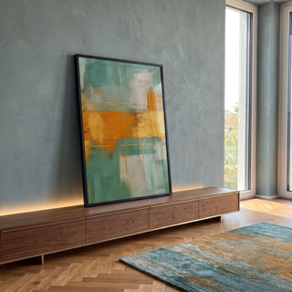 Quadro Decorativo Abstrato Verde e Laranja em ambiente decorado - quadros decorativos para sala