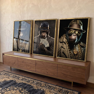 Quadro Decorativo Trio de Macacos Gangsteres - Estilo Único e Moderno em ambiente decorado - quadros decorativos para sala