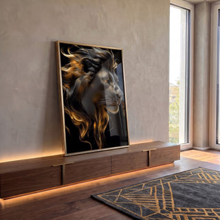 Majestade Dourada - Quadro Decorativo de Leão em Alto Contraste em ambiente decorado - quadros decorativos para sala