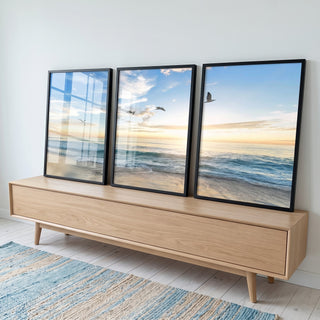 Quadro Decorativo Acalmante Pôr do Sol e Gaivotas em ambiente decorado - quadros decorativos para sala