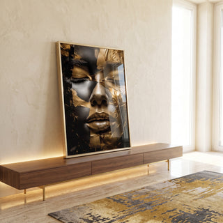 Quadro Decorativo - Luxo Dourado Feminino Inesquecível em ambiente decorado - quadros decorativos para sala
