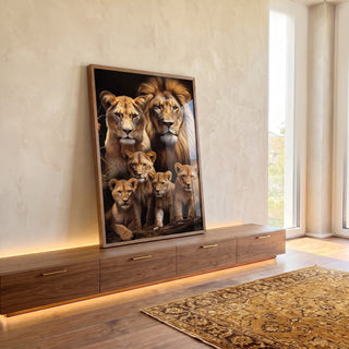 Quadro Decorativo Família de Leão com 4 Filhotes - Arte Sofisticada para Seu Lar em ambiente decorado - quadros decorativos para sala