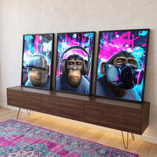 Quadro Decorativo Chimpanzés e a Era Digital: Uma Perspectiva Única em ambiente decorado - quadros decorativos para sala
