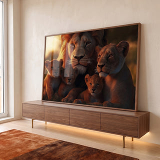 Quadro Decorativo Família Harmônica de Leões Beleza e Sofisticação em ambiente decorado - quadros decorativos para sala