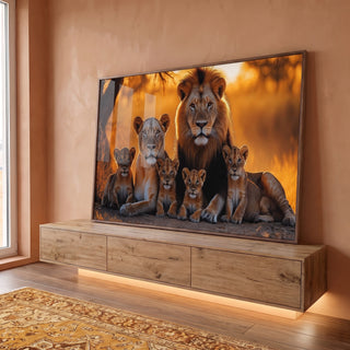 Quadro Decorativo Majestosa Família de Leões em ambiente decorado - quadros decorativos para sala