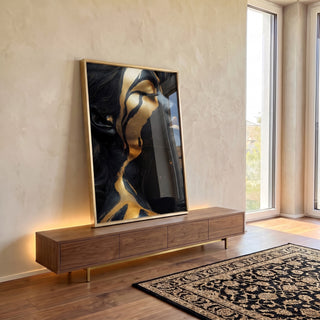 Quadro Decorativo Glamorosos Detalhes da Mulher em Dourado em ambiente decorado - quadros decorativos para sala