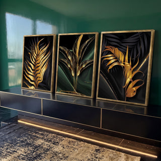 Quadro Decorativo: Luxo de Folhas Tropicais Douradas em ambiente decorado - quadros decorativos para sala