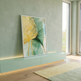 Quadro Decorativo Folhagem Dourada e Verde - Elegância Natural para sua Casa em ambiente decorado - quadros decorativos para sala