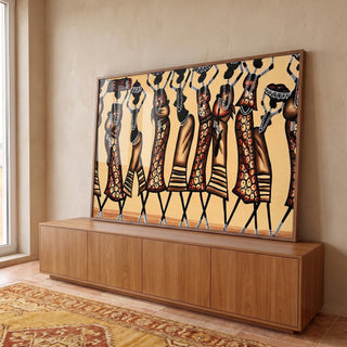 Quadro Decorativo: A Dança da Vida Africana Vibrante em ambiente decorado - quadros decorativos para sala