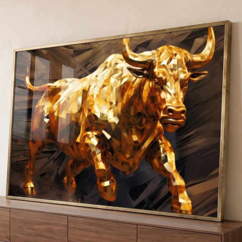 Quadro Decorativo Touro de Wall Street Dourado Elegância e Prosperidade para Sua Decoração