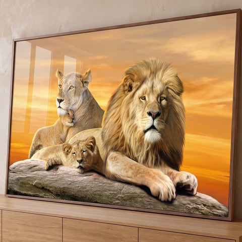 Quadro Decorativo Sofisticado Família de Leões com Filhotes