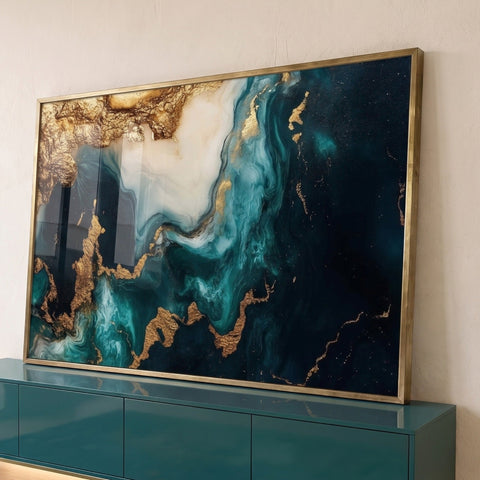 Quadro Decorativo Abstração Fluida em Verde, Preto e Dourado