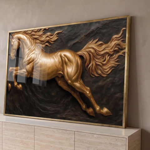 Quadro Decorativo Cavalo Dourado em Movimento