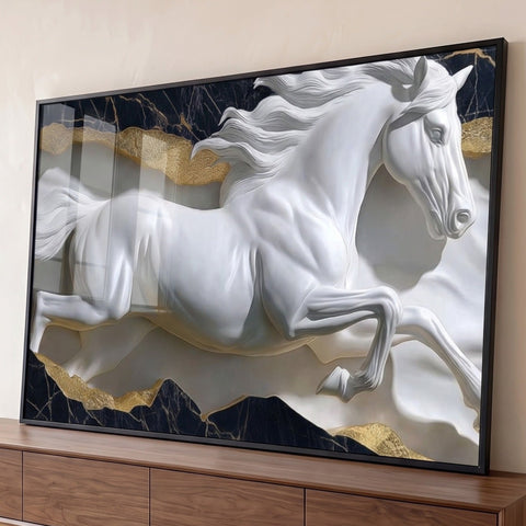 Quadro Decorativo Escultura de Cavalo Branco em Movimento