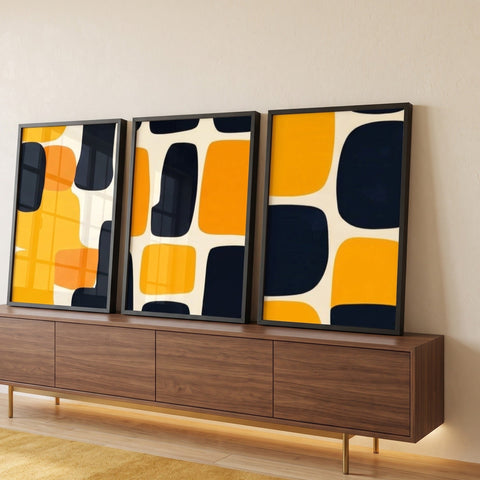 Quadro Decorativo Abstrato Tríptico Moderno em Amarelo e Preto