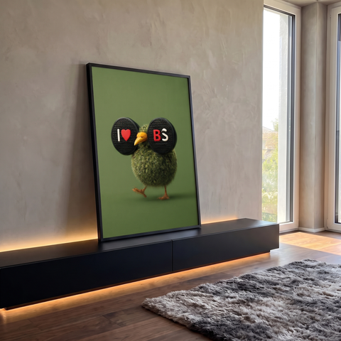 Pássaro verde felpudo com caixas de som nos olhos e frase I love BS em fundo verde, quadro decorativo