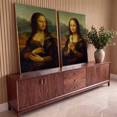 Quadro Decorativo Kit 2 Telas Mona Lisa para Sala Marrom | quadros decorativos para sala | duas versões da Mona Lisa, uma com champanhe outra com sorvete de pistache | Porao dos Quadros
