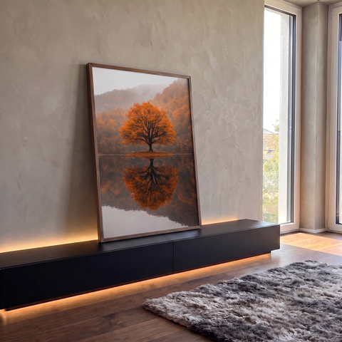 Árvore laranja de outono em ilhota refletida em lago calmo com colinas enevoadas, quadro decorativo