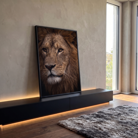 Close de leão com olhar sereno, olhos âmbar e juba marrom sobre fundo escuro, quadro decorativo