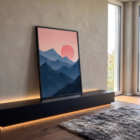 Montanhas azuis em camadas com grande sol rosa e bando de pássaros no céu pastel, quadro decorativo