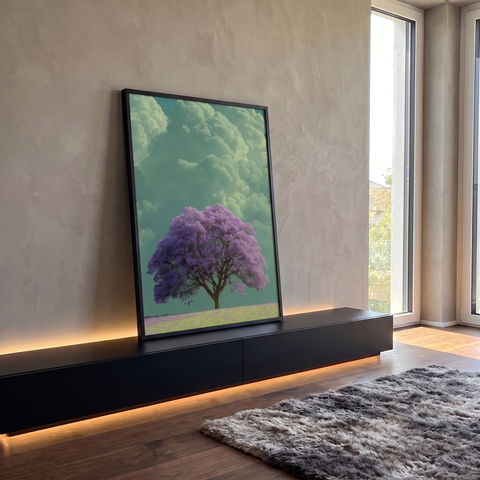 Árvore de flores lilás solitária em campo florido sob nuvens verdes volumosas, quadro decorativo