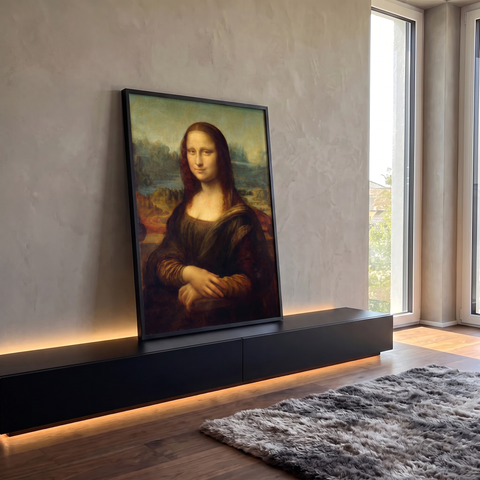 Mona Lisa de Leonardo da Vinci, retrato com sorriso enigmático e paisagem ao fundo, quadro decorativo