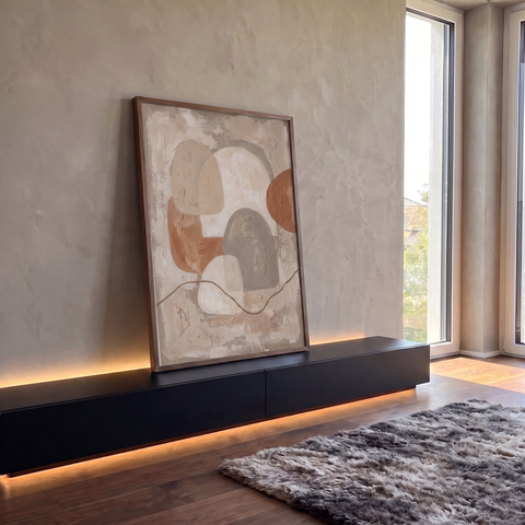 Quadro Decorativo Grande Tela de Pinturas para Sala Bege | quadros decorativos para sala | formas orgânicas arredondadas em bege, cinza e terracota com textura espessa e linha ondulada | Porao dos Quadros