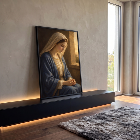 Nossa Senhora jovem de manto azul e véu, mãos unidas junto à janela ao pôr do sol, quadro decorativo