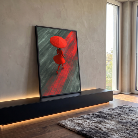 Mulher de vestido vermelho e sombrinha vermelha andando vista de cima sobre piso cinza, quadro decorativo