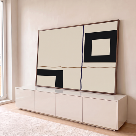 Abstrato minimalista com quadrados pretos vazados e linhas azul e caramelo sobre fundo bege, quadro decorativo