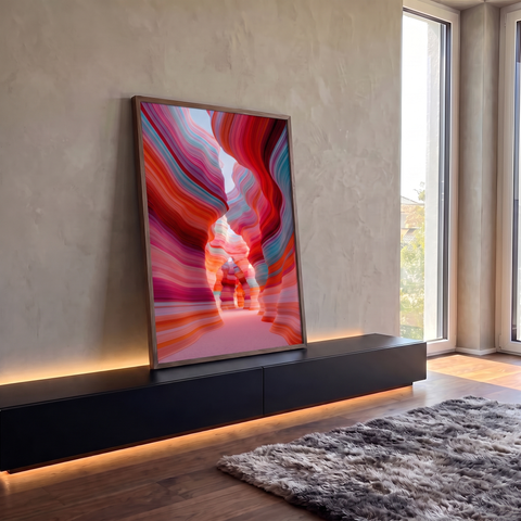 Cânion de paredes onduladas em listras vermelhas, rosas, laranja e turquesa, quadro decorativo