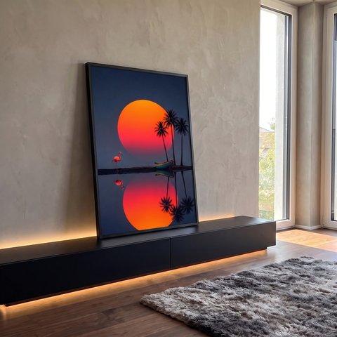 Sol laranja gigante com palmeiras, barco e flamingo refletidos em lago azul escuro, quadro decorativo