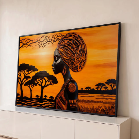 Mulher africana de perfil com turbante na savana com acácias ao pôr do sol laranja, quadro decorativo