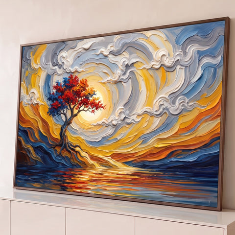 Árvore de copa vermelha e azul sob sol e céu dourado em espiral, refletida na água, quadro decorativo