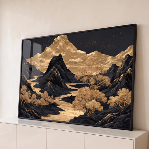 Montanhas pretas e douradas com rio dourado, árvores de ouro e céu estrelado, quadro decorativo