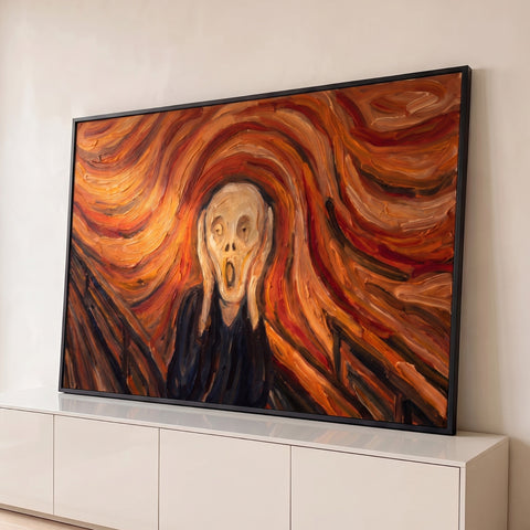 O Grito de Munch em pinceladas grossas a óleo, céu laranja e vermelho em espiral, quadro decorativo