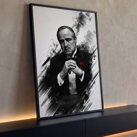 Homem de smoking com rosa vermelha na lapela, mãos unidas e fumaça em preto e branco, quadro decorativo