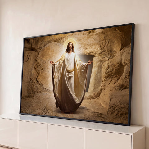 Jesus Cristo ressuscitado de braços abertos e auréola diante do sepulcro de pedra, quadro decorativo