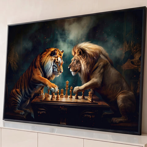 Leão e tigre frente a frente sobre tabuleiro de xadrez em fundo escuro enevoado, quadro decorativo