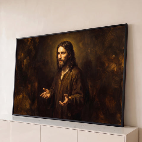 Jesus Cristo de túnica marrom e mãos abertas em pintura a óleo com fundo escuro, quadro decorativo