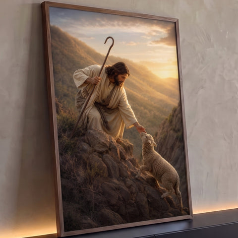 Jesus com cajado estende a mão a uma ovelha nas rochas da montanha ao pôr do sol, quadro decorativo
