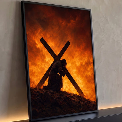 Silhueta de Jesus ajoelhado carregando a cruz no monte diante de céu em chamas laranja, quadro decorativo