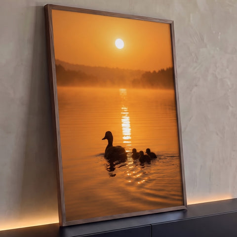Silhueta de pata com três patinhos nadando em lago com neblina ao pôr do sol laranja, quadro decorativo