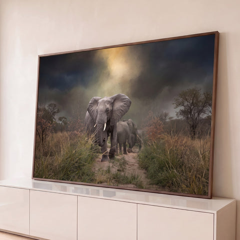 Elefante adulto e filhote caminhando em trilha na savana sob céu escuro de tempestade, quadro decorativo