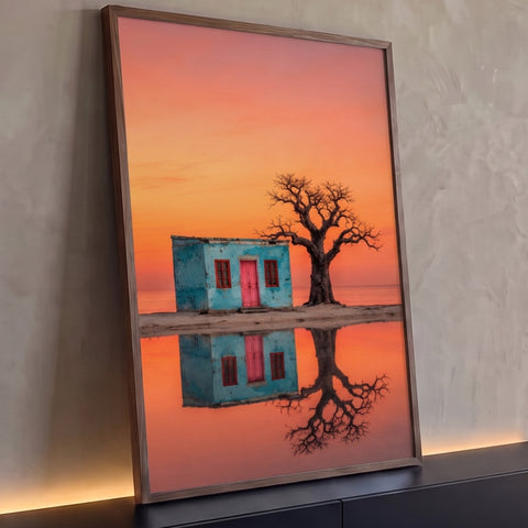 Casinha azul com porta rosa e baobá refletidos na água sob céu laranja de pôr do sol, quadro decorativo