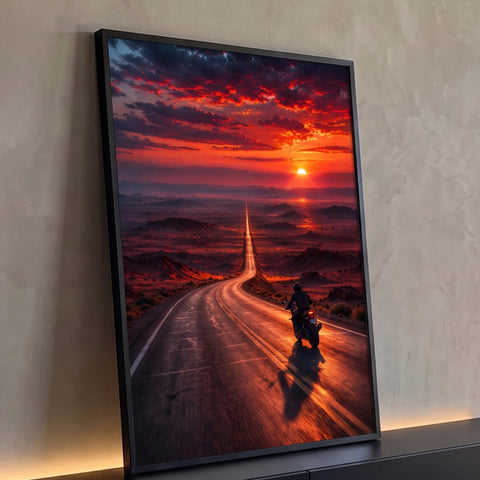 Motociclista em estrada reta no deserto rumo ao pôr do sol sob céu vermelho, quadro decorativo